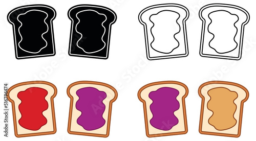 Bread with Peanut Butter  Jam and Jelly Spread Clipart Set - Outline  Silhouette and Color