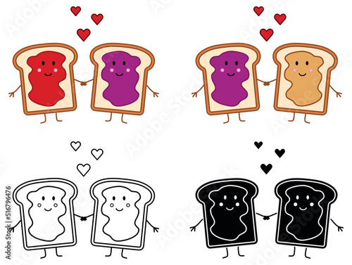 Cute Peanut Butter and Jelly Characters Holding Hands - Outline, Silhouette and Color