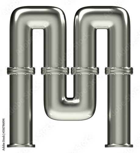 Letter M made of steel pipes, isolated on white, 3d rendering