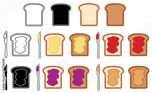 Toast with Butter, Jam and Peanut Butter Spread Clipart Set - Outline, Silhouette and Color