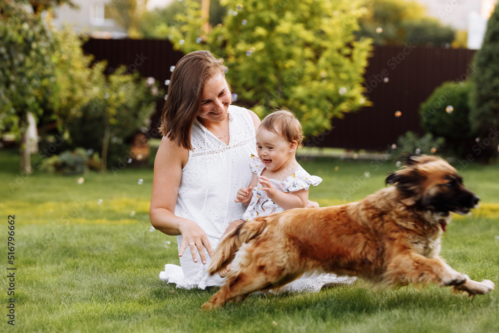 Family day, mother's day. Beautiful smiling young mom and baby daughter cuddling happy domestic dog on the backyard lawn.Mother with child girl are having fun with pet outdoors on summer holiday. Family day, mother's day. Beautiful smiling young mom and baby daughter cuddling happy domestic dog on the backyard lawn.Mother with child girl are having fun with pet outdoors on summer holiday.