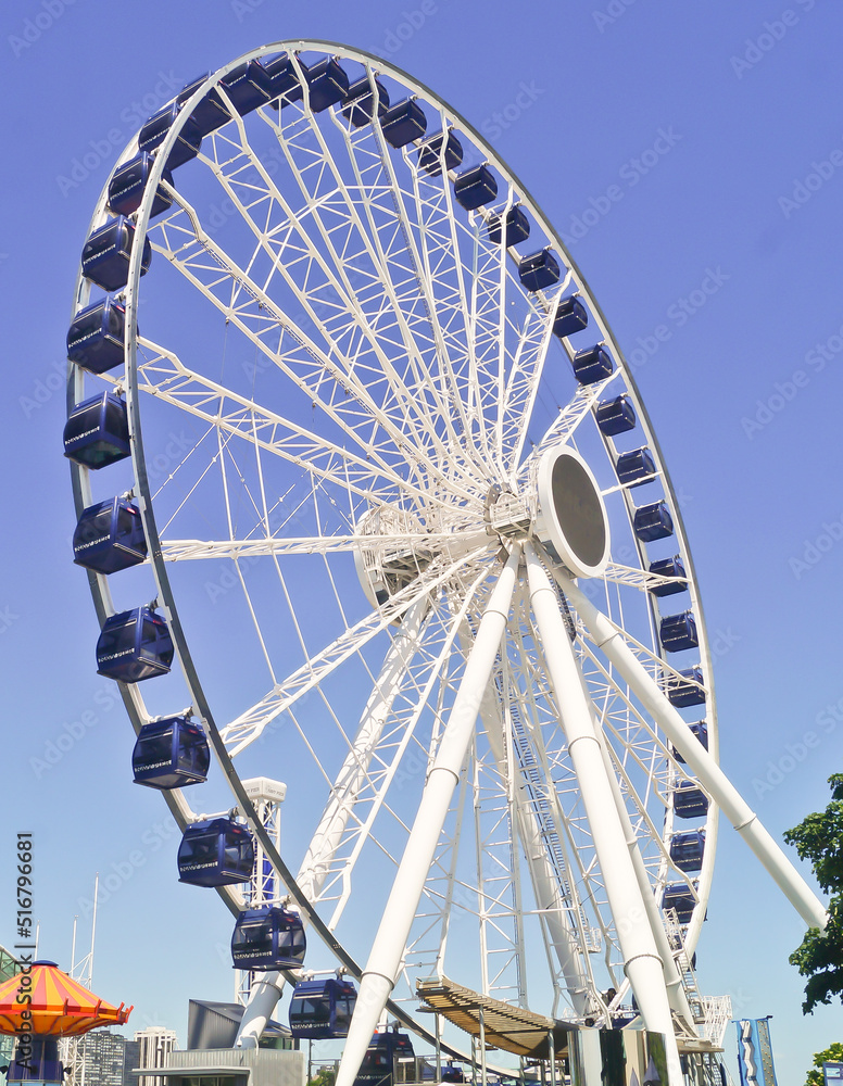 Chicago, Illinois - June 18,2022 : Beautiful Blue Sunny Day at Centennial Wheel in Navy Pier