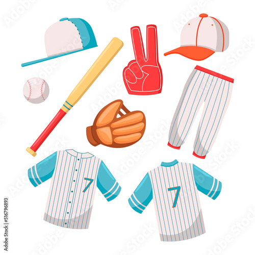 Clothes and equipment for baseball vector illustrations set. Accessories for playing baseball, uniform, caps, ball, bat, glove isolated on white background. Sports, baseball concept