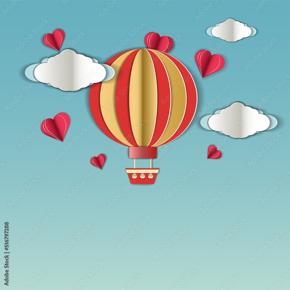 Obraz premium an illustration made in the style of a papercut postcard. a balloon in the sky.the concept of love, promotions, discounts