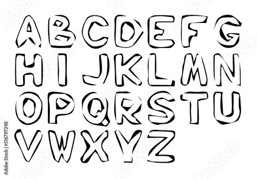 English alphabet in doodle style with uneven contours. Stickers. It seems that the letters are carelessly cut out. Hand Drawn. Freehand drawing. Sketch.
