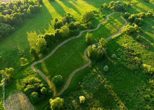 Forest with trees, view from the top. Green trees in the forest with green grass and green field, aerial view. Wildlife in green background, drone view. Forest background. Ecosystem, Environment, co2. © MaxSafaniuk
