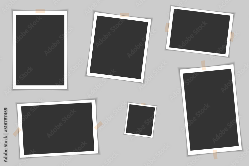 Photo frames with adhesive tape . Photo realistic vector makeup of different size on gray background. Photo frames with adhesive tape . Photo realistic vector makeup of different size on gray background.