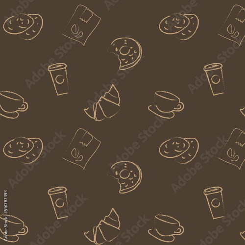 a pattern of cups, cookies, croissants, coffee. pattern for coffee shops,bistros,restaurants © AJ_stock_photos