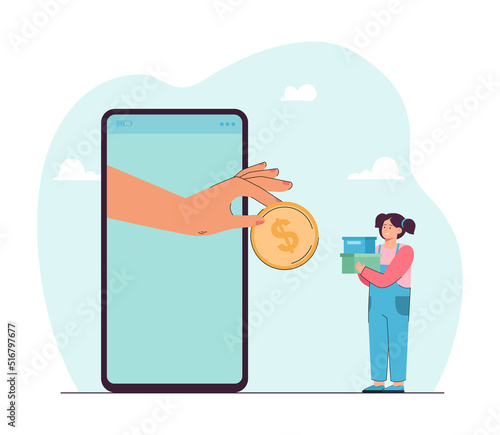 Hand coming out of huge phone and giving coin to little girl. Child holding boxes and getting money via internet flat vector illustration. Financial support, charity concept for banner, website design