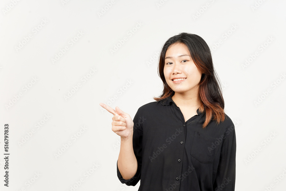 Showing Product and Pointing Side of Beautiful Asian Woman Isolated On White Background Showing Product and Pointing Side of Beautiful Asian Woman Isolated On White Background