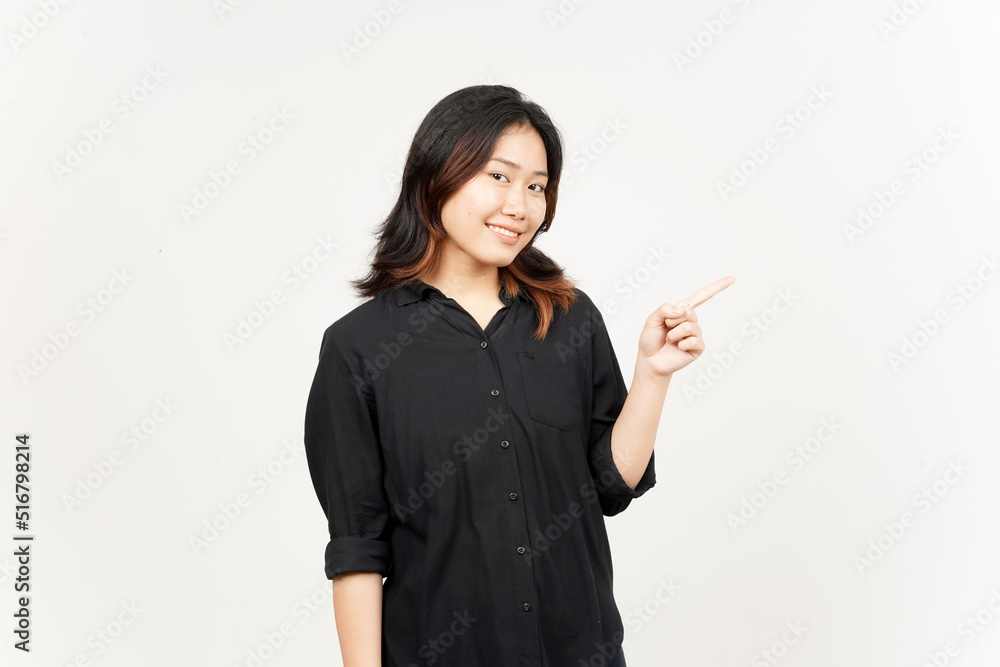 Showing Product and Pointing Side of Beautiful Asian Woman Isolated On White Background Showing Product and Pointing Side of Beautiful Asian Woman Isolated On White Background