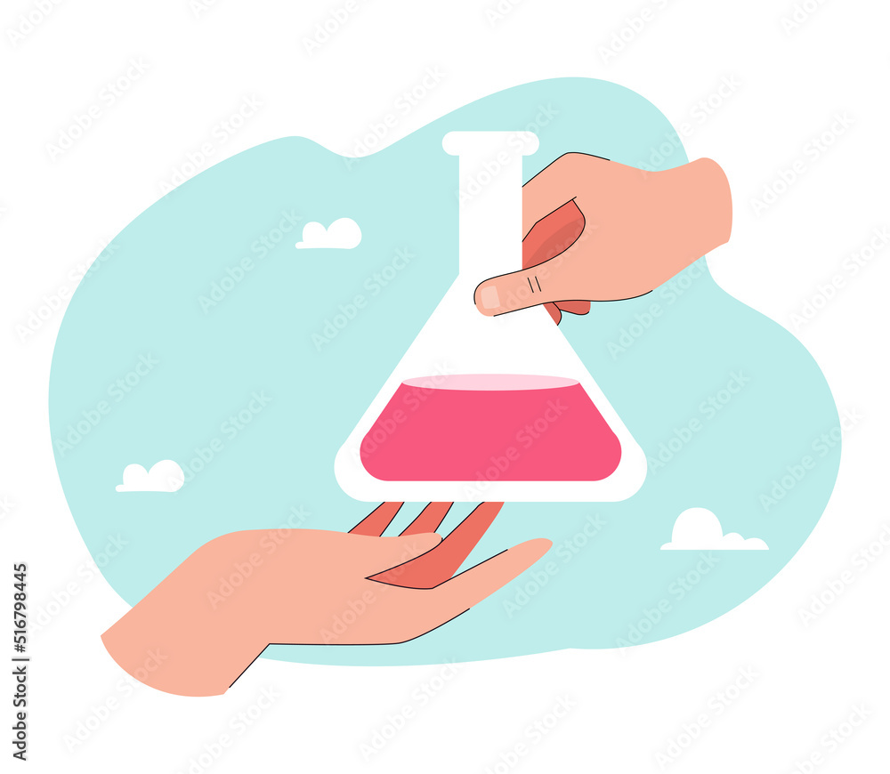 Hands of scientists holding glass test tube with pink liquid. Doctors making medication in laboratory or chemists conducting experiment flat vector illustration. Medicine, science, chemistry concept Hands of scientists holding glass test tube with pink liquid. Doctors making medication in laboratory or chemists conducting experiment flat vector illustration. Medicine, science, chemistry concept