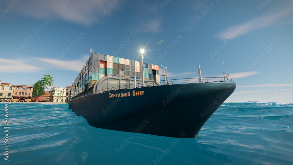 Container shipping come from city in the background.Ship transportation in the ocean with 3d rendering.