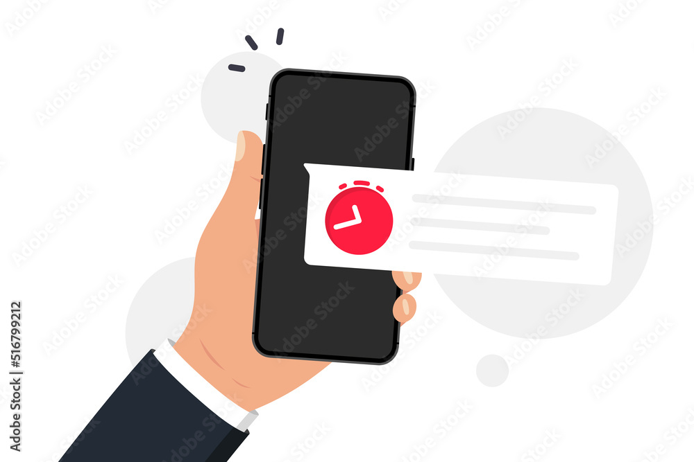 Smartphone with notification on screen. New reminder on the phone. Alert notification with alarm clock on the device screen. Important reminder. Important event date push message. Alert message