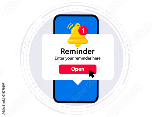 Smartphone with alarm clock reminder message on screen. New notice on the phone. Alert notification with notification bell. Important reminder. Important event push message. Timer notification
