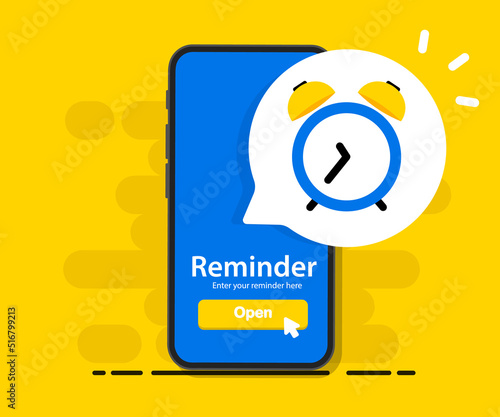 Smartphone with alarm clock reminder message on screen. New notice on the phone. Alert notification with notification bell. Important reminder. Important event push message. Timer notification