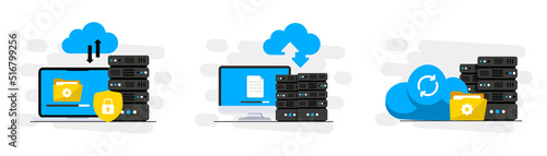 Online Cloud computing. Data Center. Web hosting service. Database for documents and file. Cloud storage. Upload and download data, file management. Data transfering, backup. Vector illustration photo