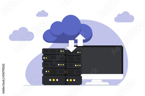 Online Cloud computing. Data Center. Web hosting service. Database for documents and file. Cloud storage. Upload and download data, file management. Data transfering, backup. Vector illustration