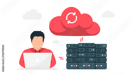 Online Cloud computing. Data Center. Web hosting service. Database for documents and file. Cloud storage. Upload and download data, file management. Data transfering, backup. Vector illustration