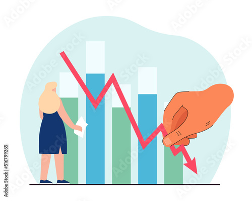 Employee looking at business statistics chart with down arrow. Big hand holding downward arrow flat vector illustration. Company failure, crisis, bankruptcy, finance concept for banner, website design