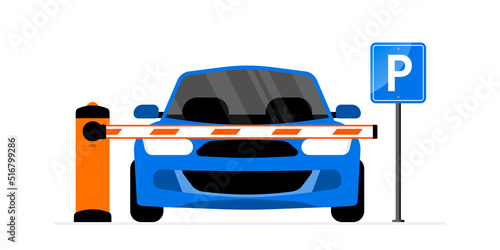 Car parking concept. Parking zone with payment system. Car front view. Parking entrance with barrier. The car passes through a restrictive barrier into paid parking lot. Charge parking fee