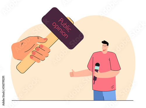 Hand holding huge hammer above journalist or stand-up comedian. Man with microphone under pressure of judgement flat vector illustration. Public opinion, society concept for banner or landing web page