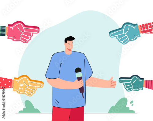 Foam fingers of sports fans pointing at journalist. Commentator with microphone showing thumbs up flat vector illustration. Sports, television, journalism concept for banner or landing web page