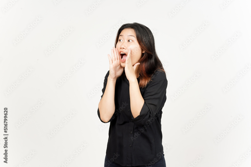 Announcement with hands over mouth of Beautiful Asian Woman Isolated On White Background Announcement with hands over mouth of Beautiful Asian Woman Isolated On White Background