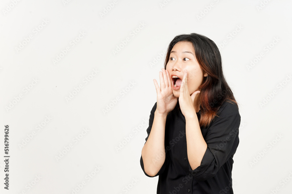 Announcement with hands over mouth of Beautiful Asian Woman Isolated On White Background Announcement with hands over mouth of Beautiful Asian Woman Isolated On White Background
