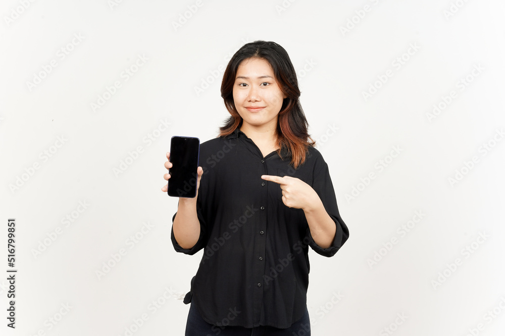 Showing Apps or Ads On Blank Screen Smartphone of Beautiful Asian Woman Isolated On White Background Showing Apps or Ads On Blank Screen Smartphone of Beautiful Asian Woman Isolated On White Background
