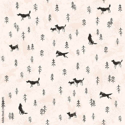 Seamless pattern with wolves and trees. Ancient style forest landscape vector illustration.
