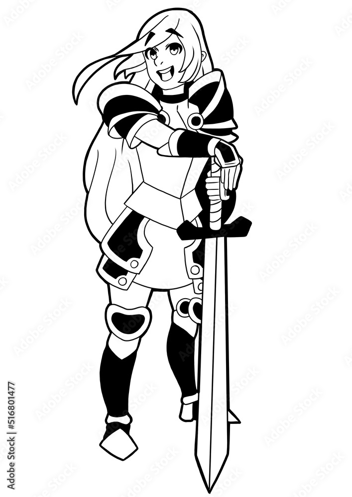 Fototapeta premium A cute girl knight drawn in cartoon anime style stands leaning on her sword, she has long hair, she is wearing armor, outline drawing coloring with shadows