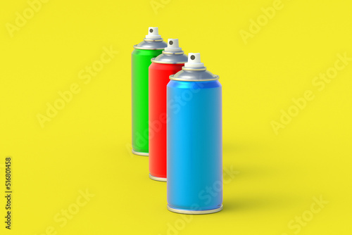 Metallic cans of spray paint. Hairspray or lacquer. Disinfectant sprayer. Renovation equipment. Gas in aerosol container. Tool for street art. 3d render