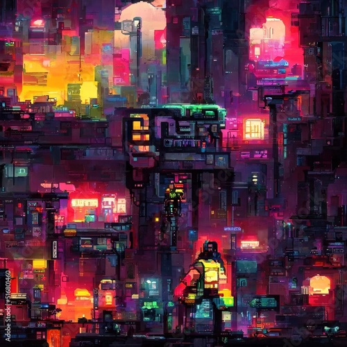 Cyberpunk neon city night. Futuristic city scene in a style of pixel art. 80's wallpaper. Retro future 3D illustration. Urban scene.