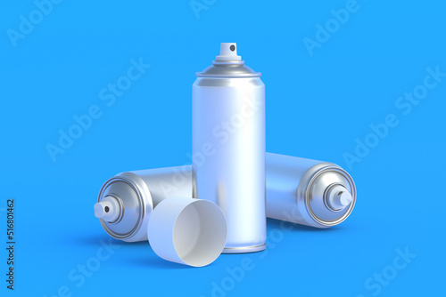 Metallic cans of spray paint. Hairspray or lacquer. Disinfectant sprayer. Renovation equipment. Gas in aerosol container. Tool for street art. 3d render