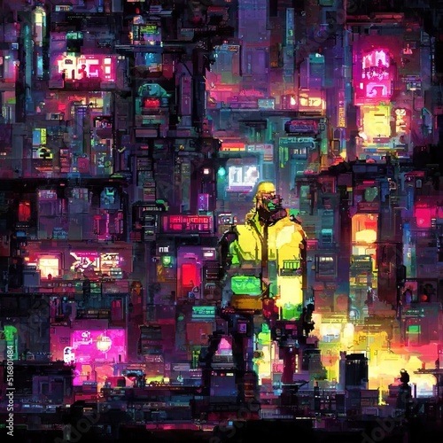 Cyberpunk neon city night. Futuristic city scene in a style of pixel art. 80's wallpaper. Retro future 3D illustration. Urban scene. © Valeriy