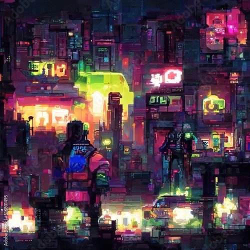 Cyberpunk neon city night. Futuristic city scene in a style of pixel art. 80's wallpaper. Retro future 3D illustration. Urban scene. © Valeriy