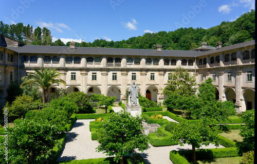 View of gardens of the historic monastery of Samos in Galicia, Spain, right on Saint James way.