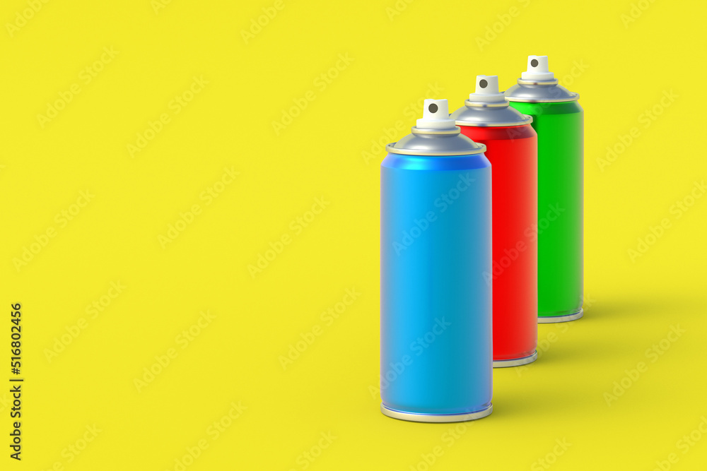 Row of metallic cans of spray paint. Hairspray or lacquer. Disinfectant sprayer. Renovation equipment. Gas in aerosol container. Tool for street art. Copy space. 3d illustration Row of metallic cans of spray paint. Hairspray or lacquer. Disinfectant sprayer. Renovation equipment. Gas in aerosol container. Tool for street art. Copy space. 3d illustration