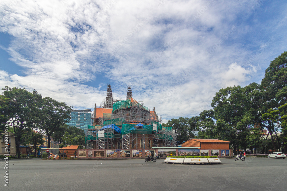 Saigon, Vietnam - Jun 16, 2021 - The restoration of Notre Dame Cathedral of Saigon - Deterioration worse than estimated, restoration of Saigon Notre Dame Cathedral will need three more years