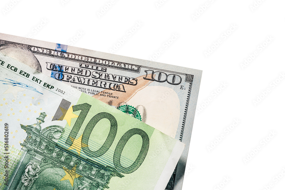 Close up of American money banknote bill with European cash money banknot, 100 of USA dollars, 100 one hundred dollar and 100 one hundred Euro paper exchange rate isolated on white background