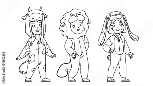 Kids Wearing Funny Animal Pajamas Together Vector. Children Boy And Girl In Cow, Lion And Bunny Cute Animal Pajamas Clothes. Characters In Stylish Clothing On Festival black line illustration