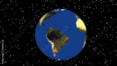 8-bit pixel art style animation: planet Earth, rotating in space, with the visible continents (no clouds), surrounded by many stars. Cute video game vibes.
