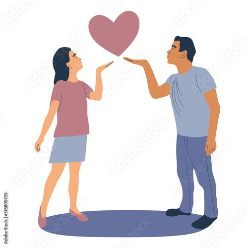 Heterosexual couple man and woman express feelings for each other through air blow kiss. Lovers with heart on hand. Love Valentines day concept card. Kiss from distance.