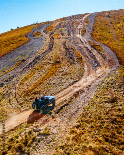 aerial view of off road attraction road to the top of carpathian mountains