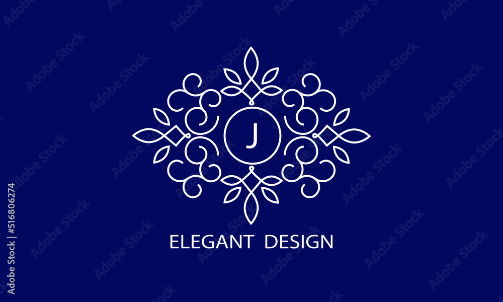 Trendy logo design template. Simple and clear initials J with ornate frames and blue background, suitable for restaurants, hotels, cafes, shops, fashion, beauty salons, etc. Trendy logo design template. Simple and clear initials J with ornate frames and blue background, suitable for restaurants, hotels, cafes, shops, fashion, beauty salons, etc.