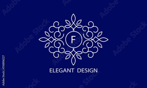 Trendy logo design template. Simple and clear initials F with ornate frames and blue background, suitable for restaurants, hotels, cafes, shops, fashion, beauty salons, etc.