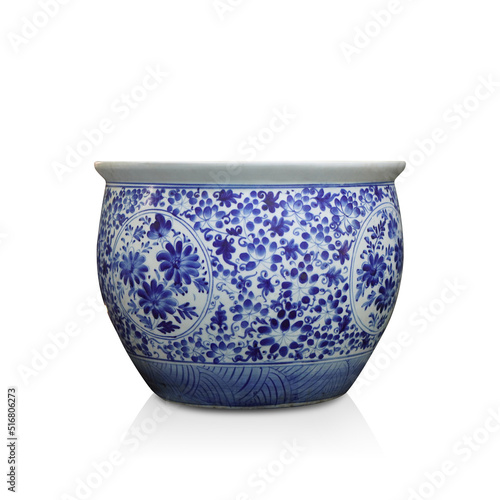 blue and white pottery pot on white background, vintage, object, decor, china, fashion, copy space