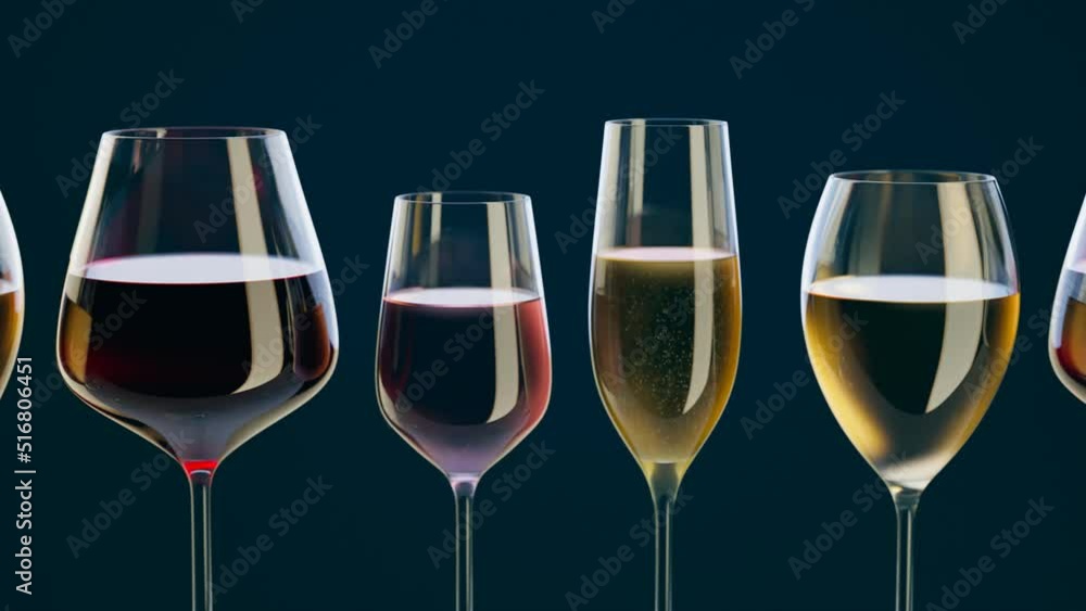 A set of glasses filled with different kinds of wine and sparkling champagne. A set of glasses filled with different kinds of wine and sparkling champagne.