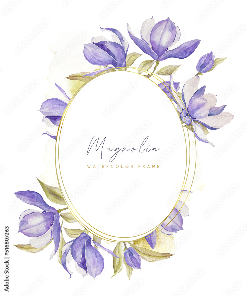 Watercolor magnolia flower blossom frame with gold for wedding, baby shower invitation